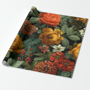 Papel De Regalo Naranja Rústico Verde Botánico Floral Vintage Negr