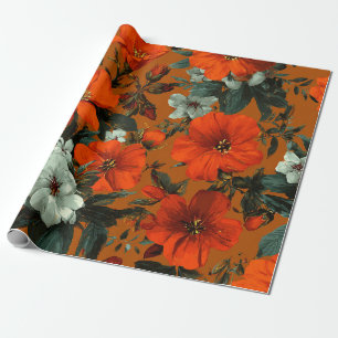 Papel De Regalo Naranja Rústico Verde Botánico Floral Vintage Negr