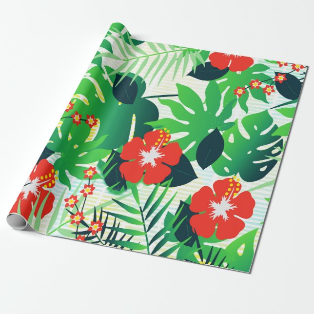 Papel De Regalo Naranja Tropical Hibiscus Green Monstera Leaves (Desenrollado)