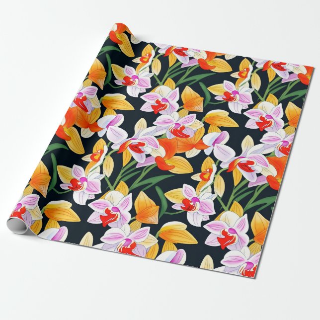 Papel De Regalo Naranja Tropical Orquídea Acuarela (Desenrollado)
