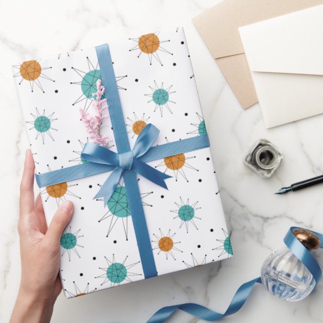 Papel De Regalo Naranja Turquoise Franciscano Starburst Mid Centur (Regalar)