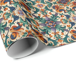 Papel De Regalo Naranja verde morado Azulejos portugueses mosaicos