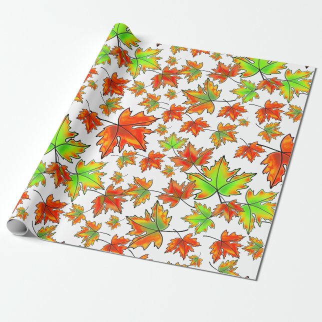 Papel De Regalo Naranja verde rojo otoño hojas de arce (Desenrollado)