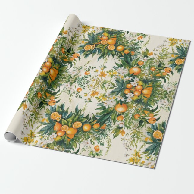 Papel De Regalo Naranja Vocabulario de clementina follaje floral (Desenrollado)