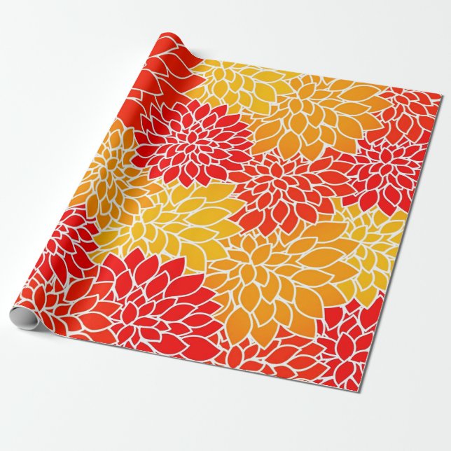 Papel De Regalo naranja y dahlias rojas (Desenrollado)