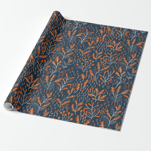 Papel De Regalo Naranja y Floral Azul (Desenrollado)