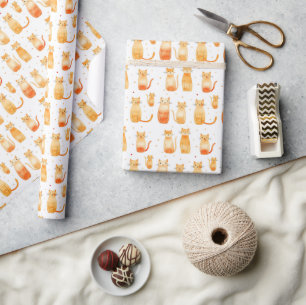 Papel De Regalo Naranjas Dots y Gatos Cumpleaños