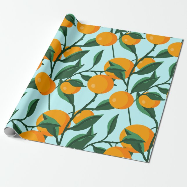 Papel De Regalo naranjas en ramas foliares sin soldadura, cítricos (Desenrollado)