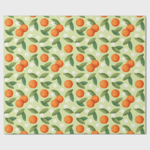 Papel De Regalo Naranjas, hojas verdes y patrón de flores blancas