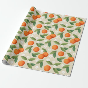 Papel De Regalo Naranjas, hojas verdes y patrón de flores blancas