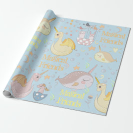 Papel De Regalo Narval, Dragón Pastel Azul Bebé Personalizado