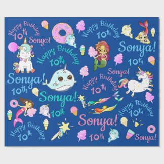 Papel De Regalo Narval, Sirena, Unicornio Nombre Personalizado, Ed