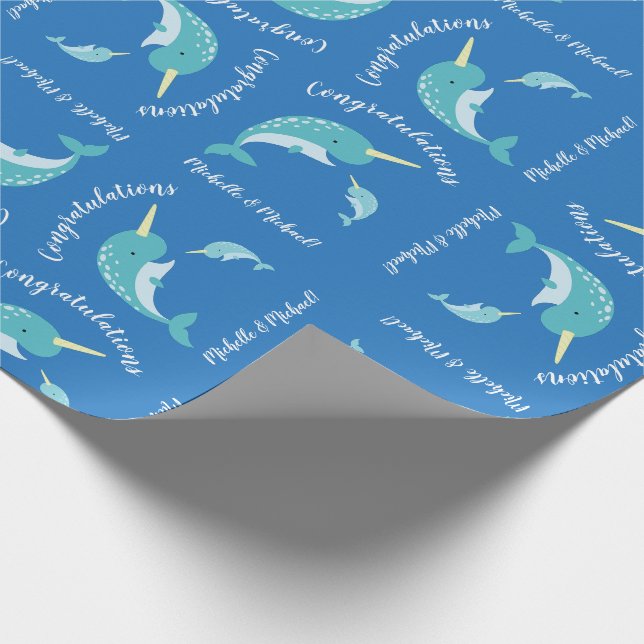 Papel De Regalo Narwhal Baby Shower Blue Boy Whale (Esquina)