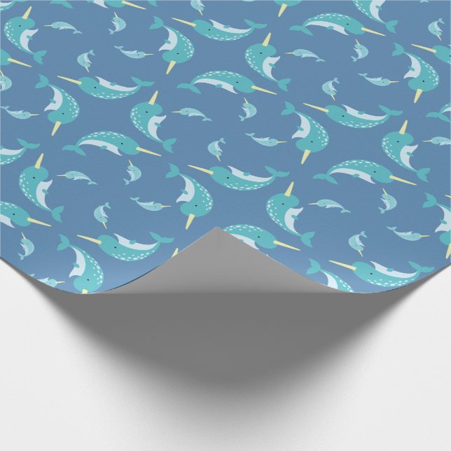 Papel De Regalo Narwhal Baby Shower Blue Boy Whale (Esquina)