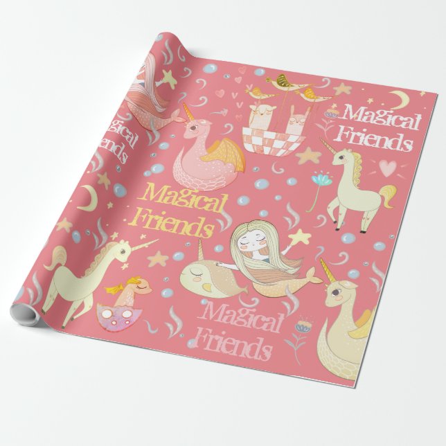 Papel De Regalo Narwhal Mermaid Unicorn Dragon Whimsical Personali (Desenrollado)
