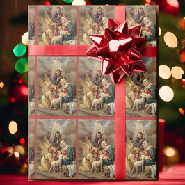 Papel De Regalo Natividad Antigua Sagrada Familia con Ángel Navida