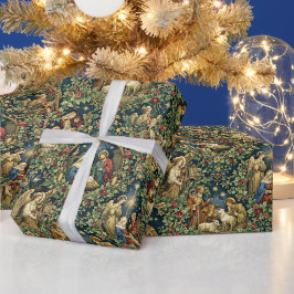 Papel De Regalo Natividad floral vintage en azul medianoche
