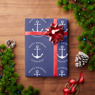 Papel De Regalo Nautical ancla azul nombre personalizado texto Cum