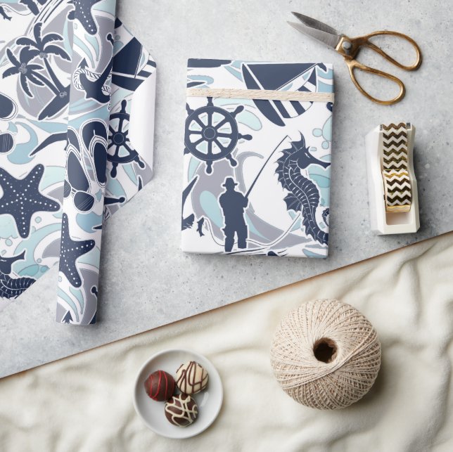 Papel De Regalo Nautical Beach Pattern Navy ID839 (Artesanía)