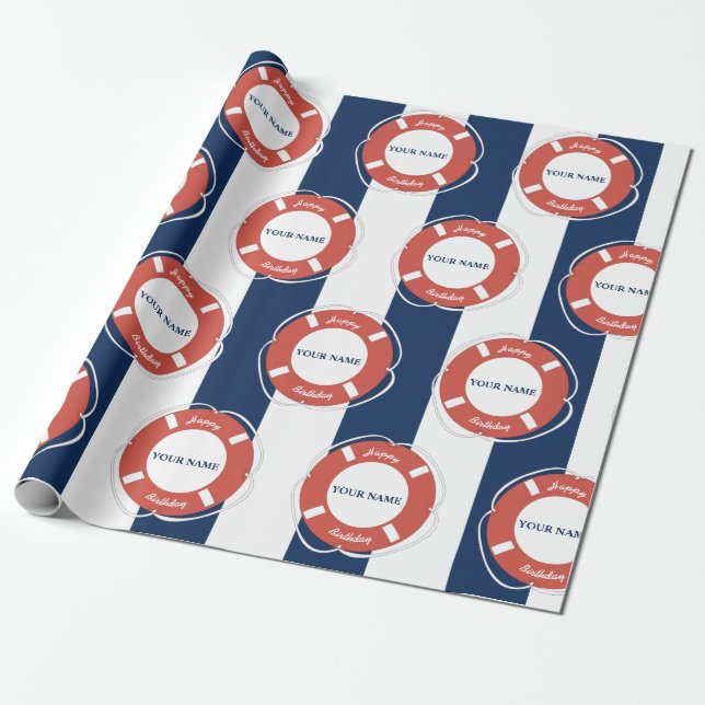 Papel De Regalo Nautical Blue Striped Custom Name Birday (Desenrollado)