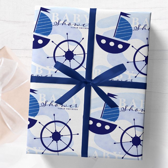 Papel De Regalo Nautical Boat Wheel Baby Shower Navy Blue (Subido por el creador)
