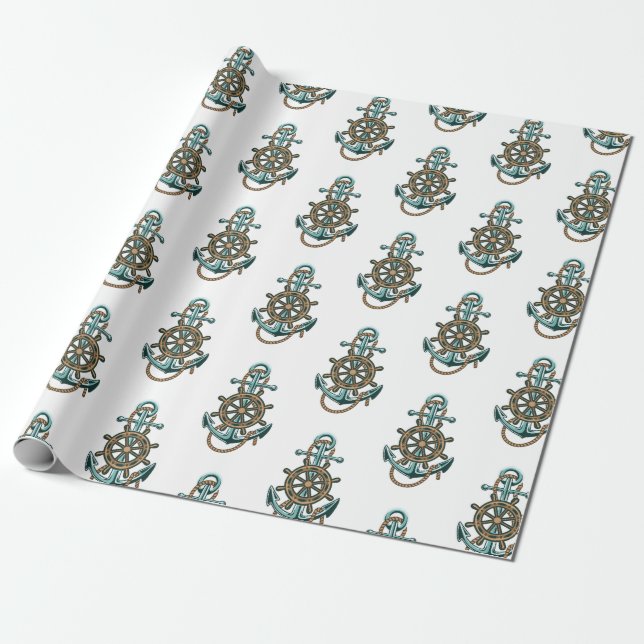 Papel De Regalo Nautical Green Anchor Boating Marine Theme (Desenrollado)