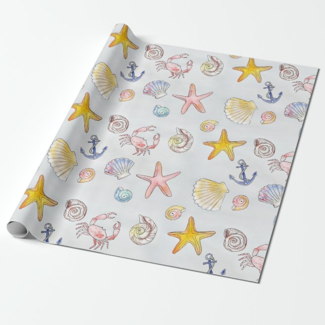 Papel De Regalo Nautical Ocean Beach Pastel Starfish Seashell (Desenrollado)