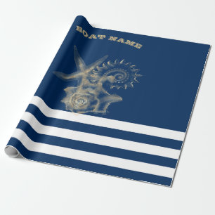 Papel De Regalo Náutico, Conchas de Oro Rayas Azules Marinas