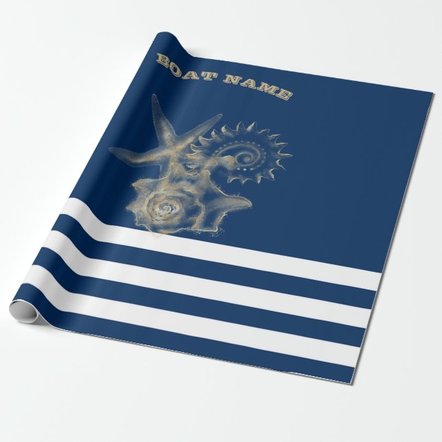 Papel De Regalo Náutico, Conchas de Oro Rayas Azules Marinas (Desenrollado)