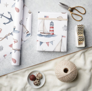 Papel De Regalo Náutico Costero 4 de Julio Velero Faro 