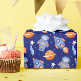 Papel De Regalo Nave Espacial y Planetas Cumpleaños de Astronauta