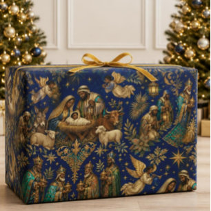Papel De Regalo Navidad Afroamericana de la Natividad Azul de Lujo