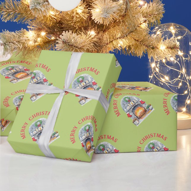 Papel De Regalo Navidad Alegre Moderna Rojo Verde Chimenea  (Vacaciones)