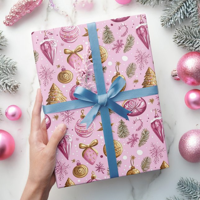 Papel De Regalo Navidad Árbol de oro rosa caliente (Christmas Tree Hot Pink Gold Holiday Wrapping Paper)