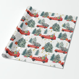 Papel De Regalo Navidad Árbol Rojo Camión Watercolor Fiesta