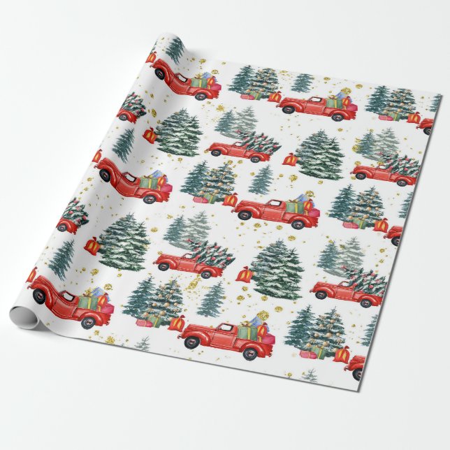 Papel De Regalo Navidad Árbol Rojo Camión Watercolor Fiesta (Desenrollado)