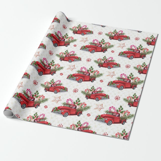 Papel De Regalo Navidad Árbol Rojo Coche Watercolor (Desenrollado)