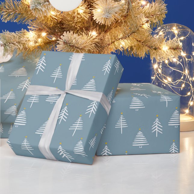 Papel De Regalo Navidad Árboles vacaciones Elegante blanco azul mo (Vacaciones)