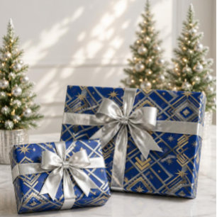 Papel De Regalo Navidad Art Déco de lujo azul real oro y plata