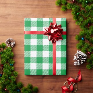 Papel De Regalo Navidad Blanco y Buffalo Check Verde Kelly