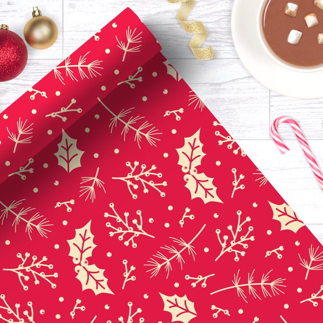 Papel De Regalo Navidad Botánica con Follaje Floral Rojo (Subido por el creador)