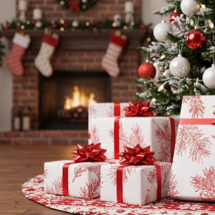 Papel De Regalo Navidad Botánica Moderna Elegante Rojo Blanco