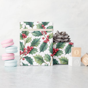 Papel De Regalo Navidad Botánica Verde Olivo y Cerezas