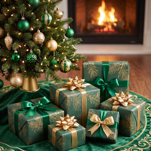 Papel De Regalo Navidad Botánico Elegante Moderno Verde Dorado Pin