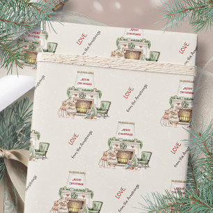Papel De Regalo Navidad Chimenea Ratones Acuarela Acogedora