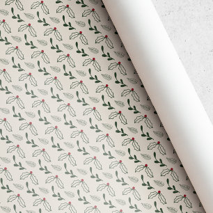 Papel De Regalo Navidad con Bayas de Acebo y Follaje en Beige Rúst