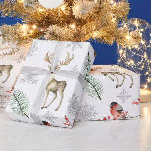 Papel De Regalo Navidad con tema de bosque con ciervos, venados y
