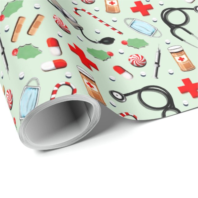 Papel De Regalo Navidad con tema médico (Esquina del rollo)