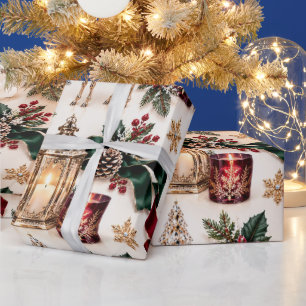 Papel De Regalo Navidad con velas de marfil y borgoña