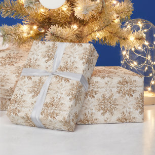 Papel De Regalo Navidad Copos de Nieve Crema Marrón
